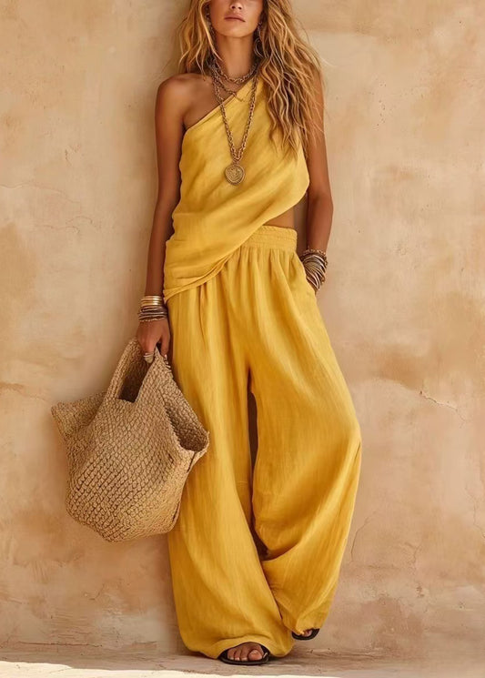 Simple Purple Asymmetrical Cotton Two Piece Set Sleeveless