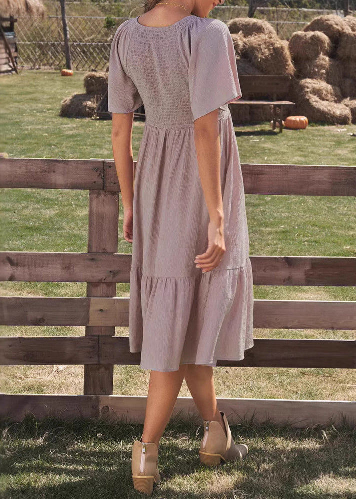 Simple Purple V Neck Wrinkled Solid Cotton Dresses Summer