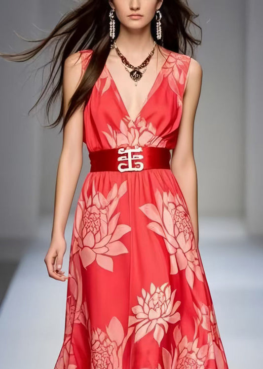 Simple Red Cinched Print Chiffon Holiday Dress Sleeveless