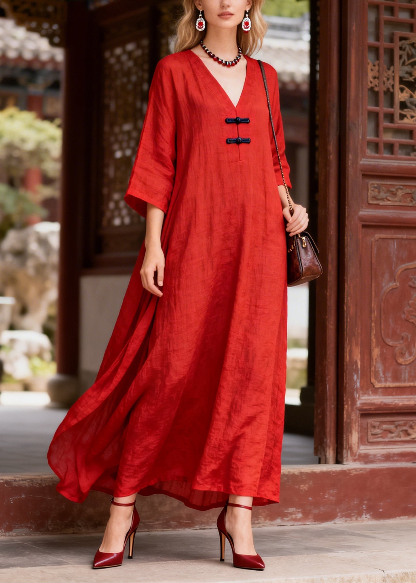 Simple Red Oversized Chinese Button Cotton Party Dress Bracelet Sleeve