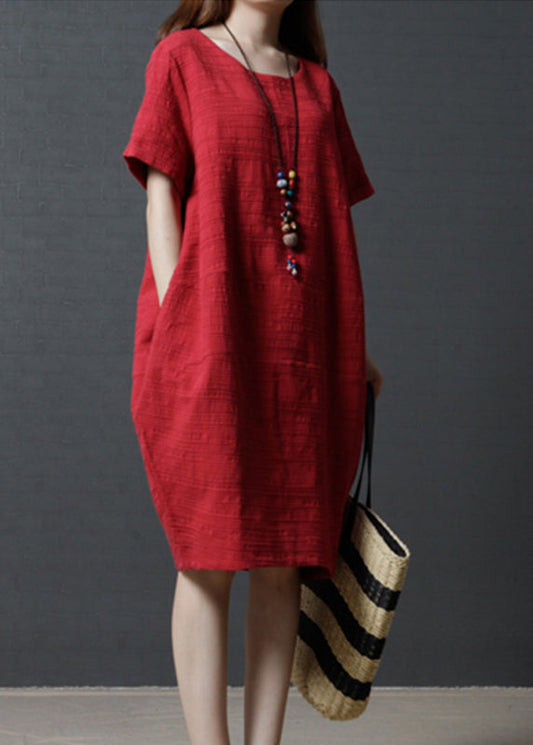 Simple Red Oversized Linen Mid Dress Summer