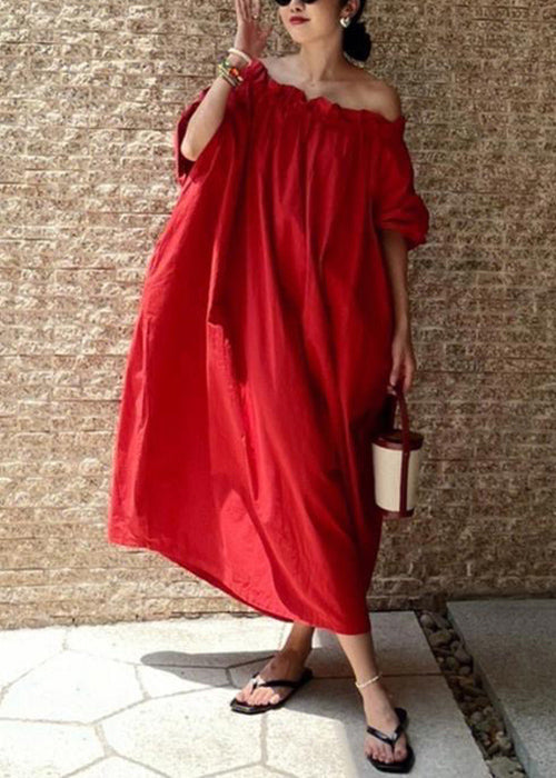 Simple Red Slash Neck Ruffled Solid Cotton Long Dresses Summer