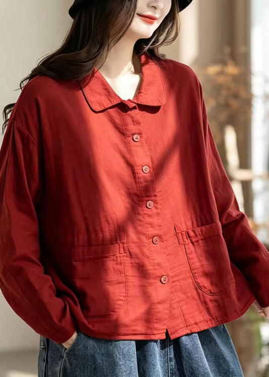 Simple Red Turn-Down Collar Pockets Double-Iayer Cotton Jacket Fall