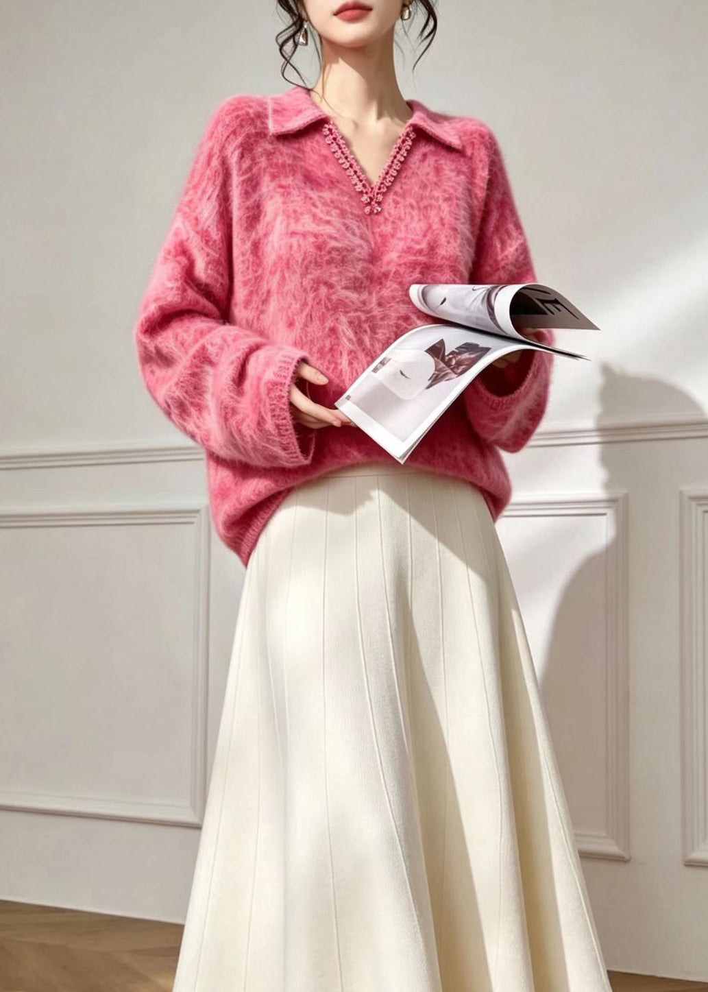 Simple Rose Polo V Neck Lace Trim Imitation Mohair Sweater Fall