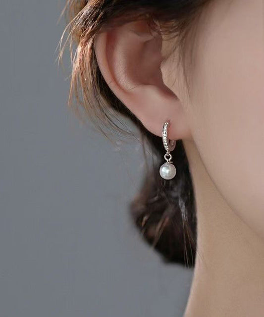Simple Silk Strergild Silver Zircon Pearl Hoop Earrings