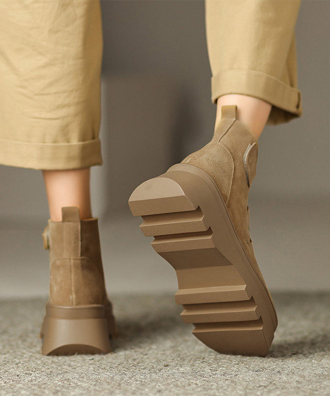 Simple Splicing Platform Boots Brown Suede Cross Strap