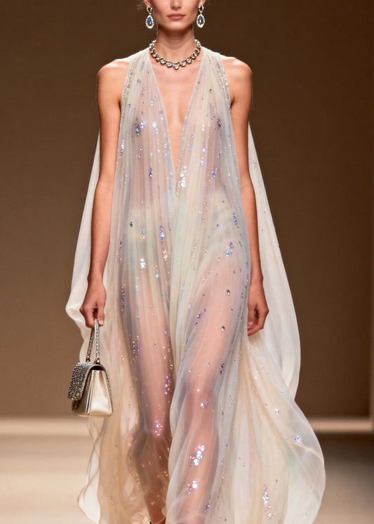 Simple V Neck Zircon Patchwork Chiffon Long Dress Sleeveless