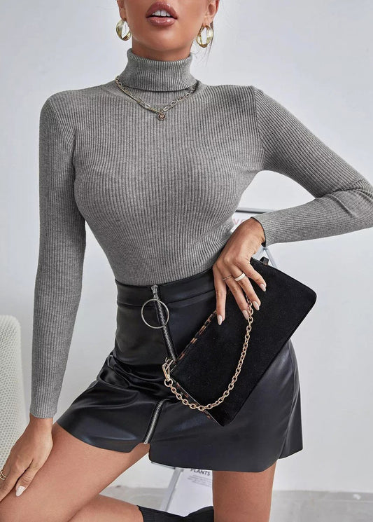 Simple Versatile Black Hign Neck Knit Sweaters Tops Fall