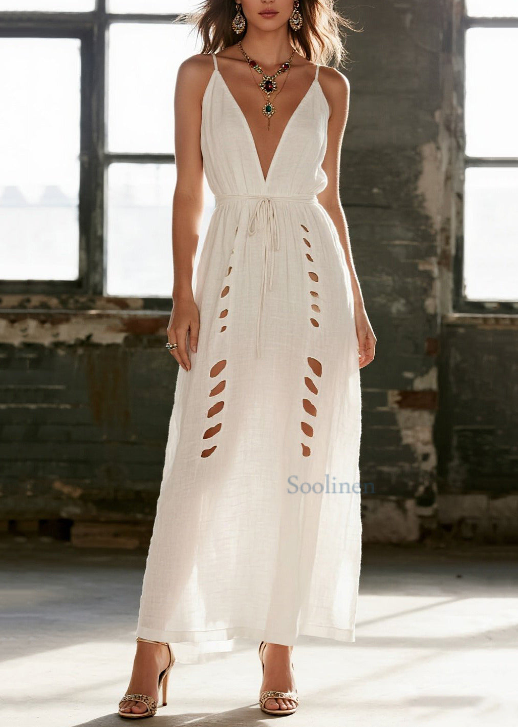 Simple White Hollow Out Cotton Cami Dress Summer