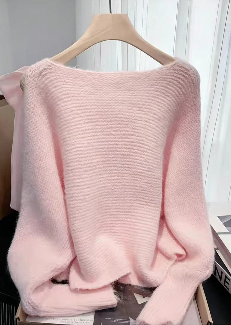 Simple White O-Neck Bow Knit Sweater Fall