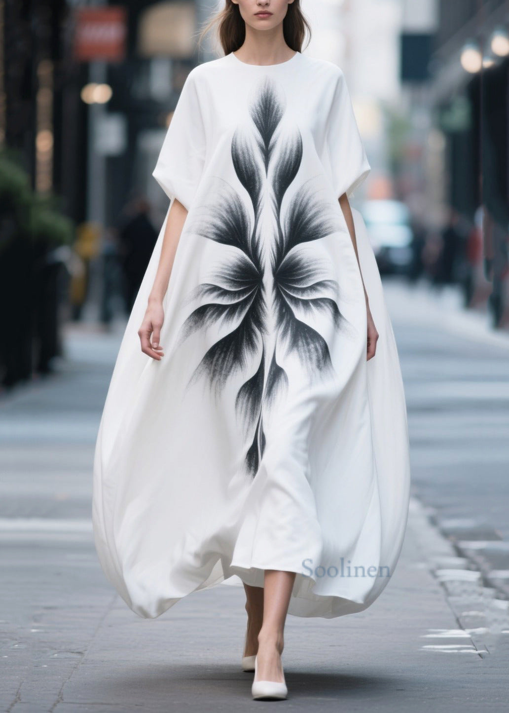 Simple White Oversized Print Chiffon Maxi Dress Summer