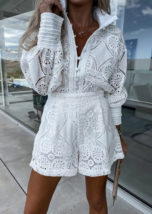 Simple White Peter Pan Collar Lace Shirts And Shorts Two Pieces Set Lantern Sleeve