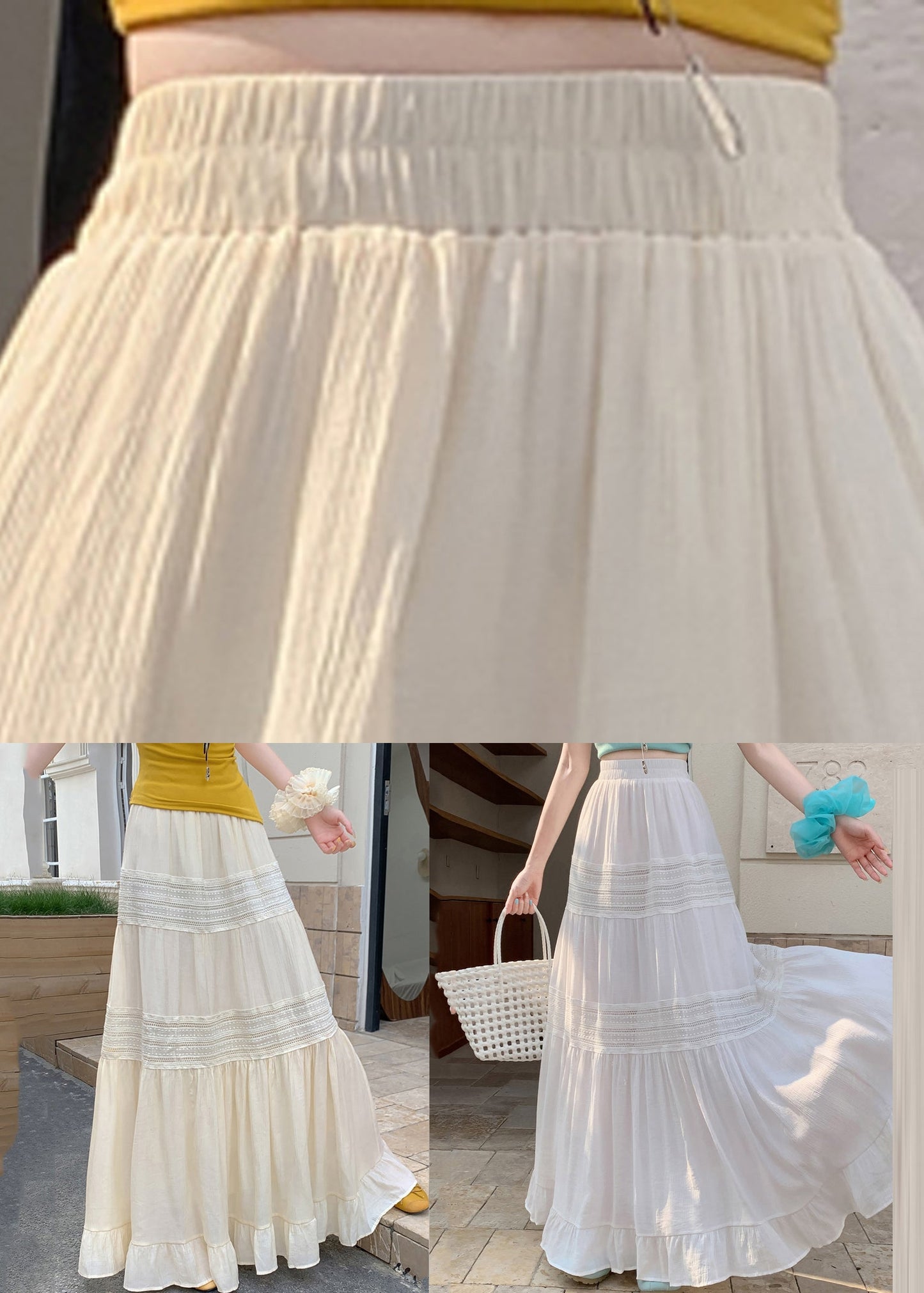 Simple White Ruffled Lace Patchwork Maxi Skirts Summer