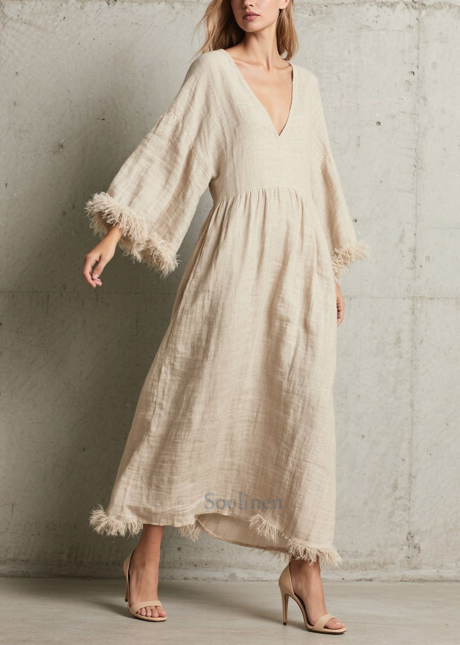 Simple White V Neck Patchwork Faux Fur Ankle Dress Fall