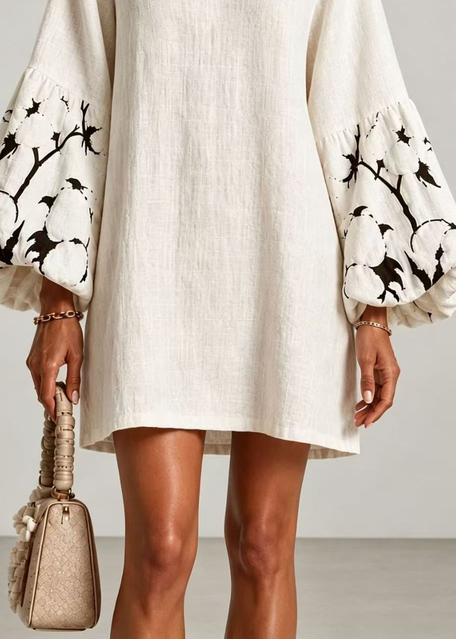 Simple White V Neck Print Mini Dresses Lantern Sleeve
