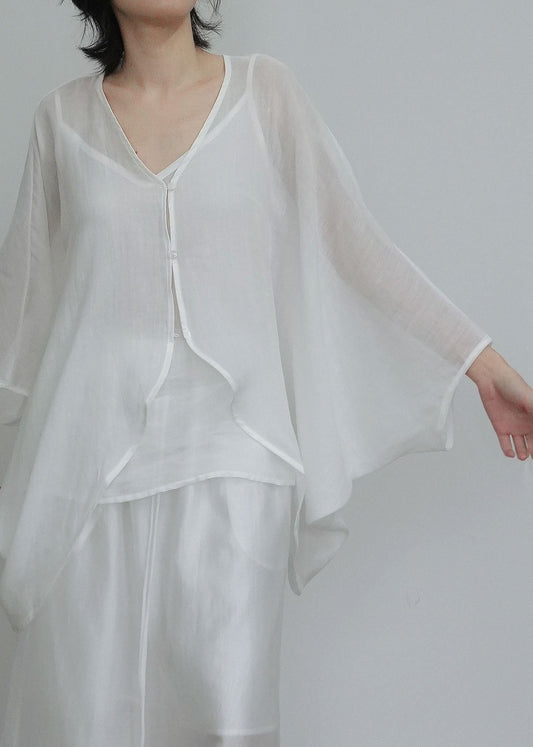 Simple White V Neck Tie Lace Cardigans And Vest Two Piece Set Batwing Sleeve