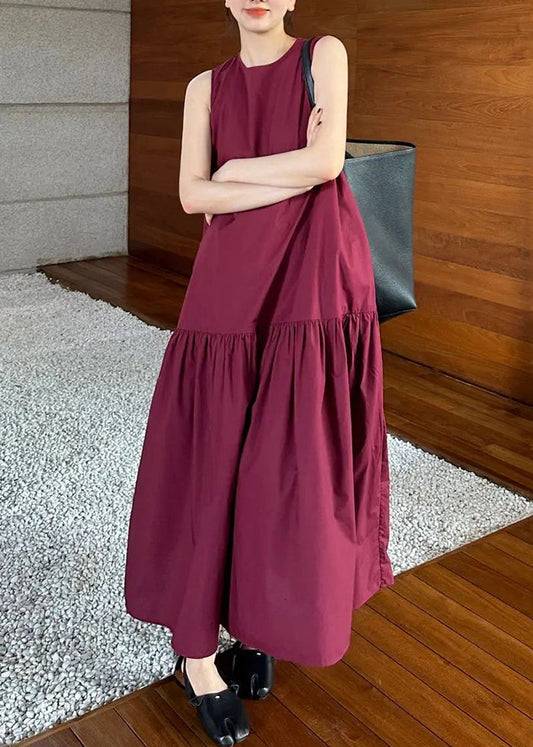 Simple Wine Red Pockets Wrinkled Solid Cotton Long Dresses Sleeveles