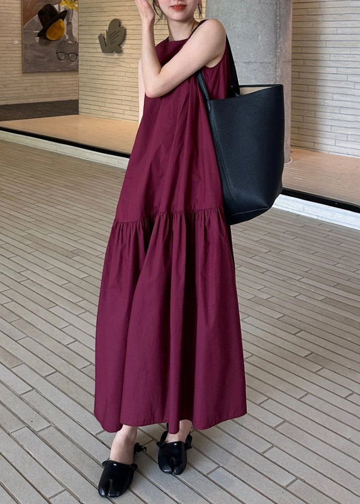Simple Wine Red Pockets Wrinkled Solid Cotton Long Dresses Sleeveles