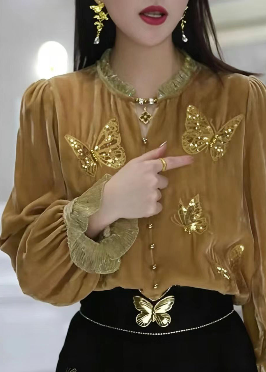 Simple Yellow Embroidered Butterfly Sequins Silk Velour Shirt Long Sleeve