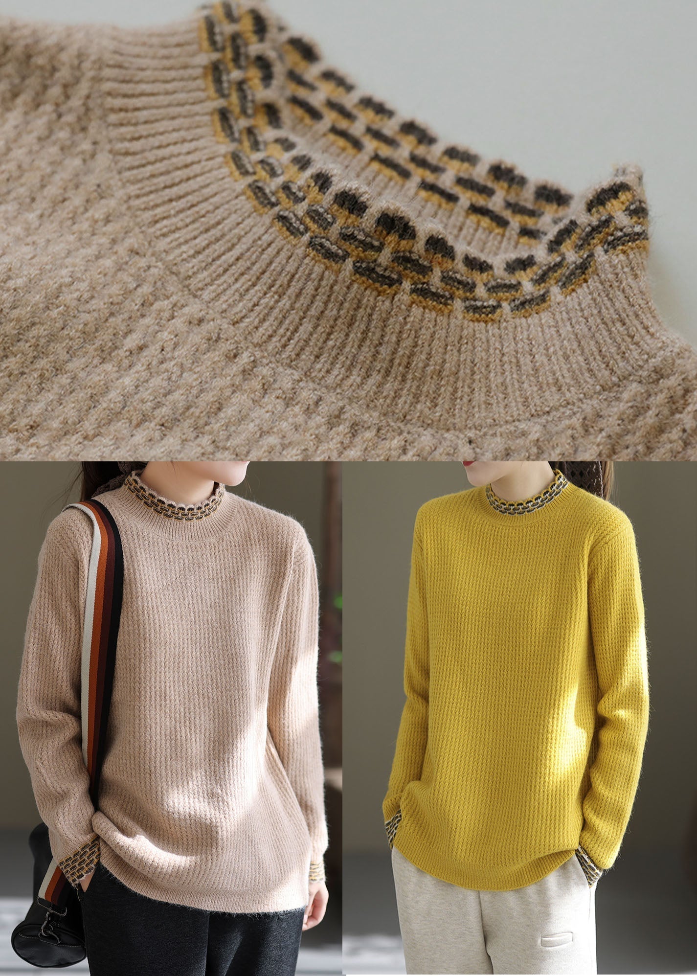 Simple Yellow High Neck Solid Thick Knit Sweater Tops Winter