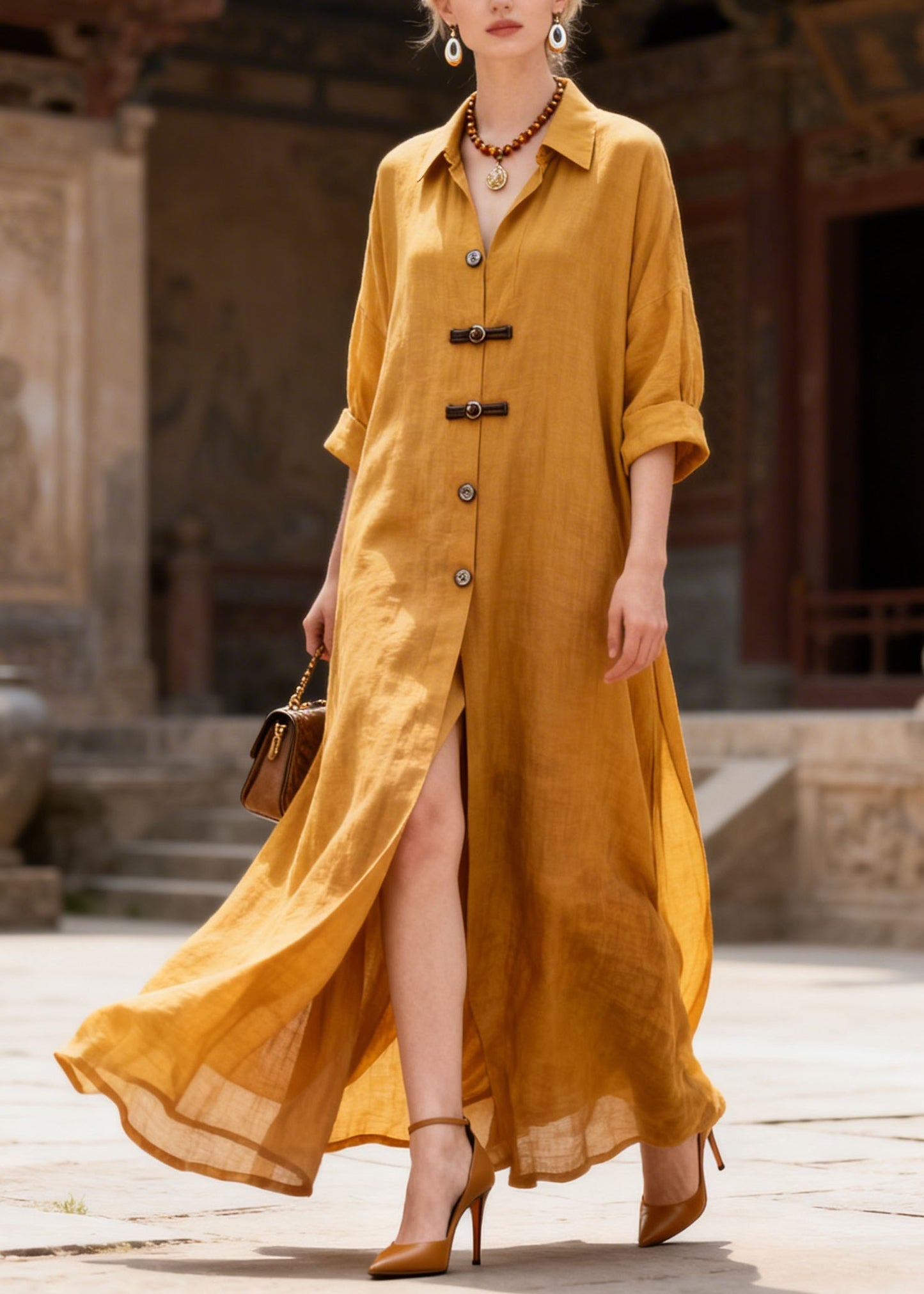 Simple Yellow Peter Pan Collar Button Patchwork Cotton Dress Summer