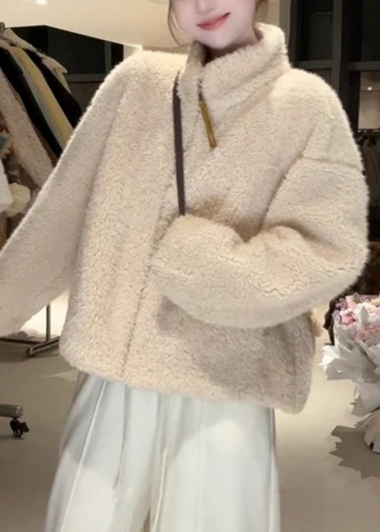 Simple Yellow Stand Collar Zippered Pockets Fluffy Coat