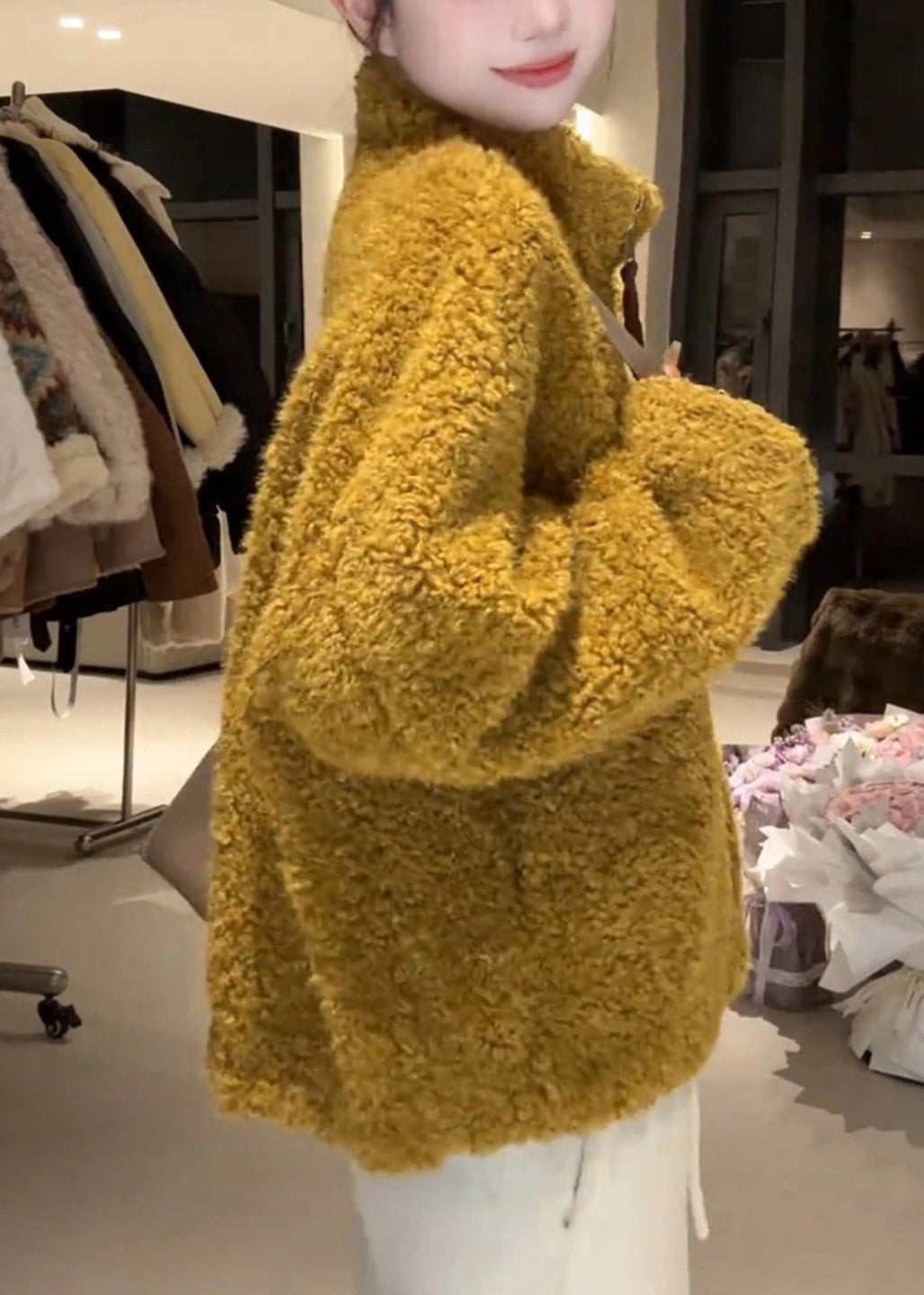 Simple Yellow Stand Collar Zippered Pockets Fluffy Coat