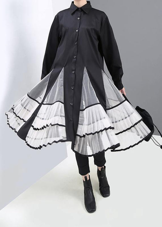 Simple black cotton clothes big hem Maxi patchwork shirt Dress - SooLinen