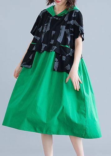 Simple green hooded cotton clothes patchwork Art summer Dresses - SooLinen