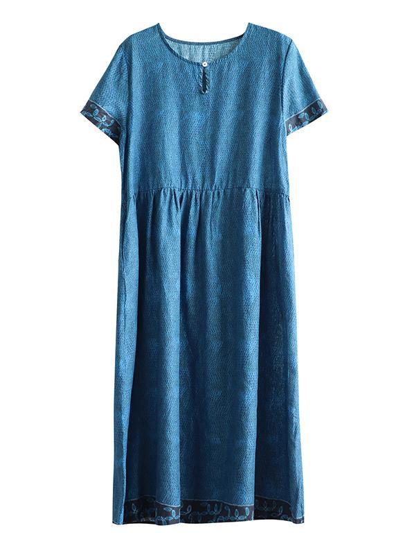 Simple o neck Cinched cotton outfit Tutorials blue print Dresses - SooLinen