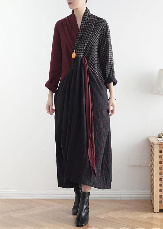 Simple v neck asymmetric linen dresses Wardrobes red patchwork black Dresses fall - SooLinen