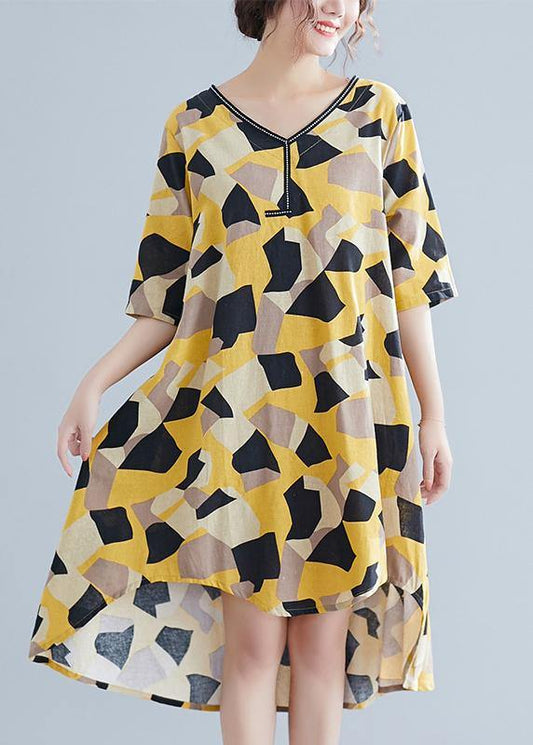 Simple yellow print cotton quilting clothes v neck half sleeve oversized summer Dress - SooLinen