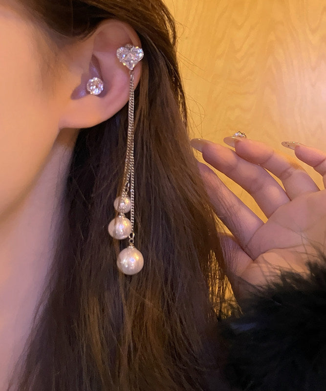 Skinny Silk Stainless Steel Love Pearl Tassel Drop Earrings