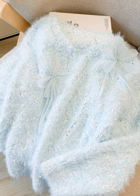 Sky Blue Floral Decorated Sweaters Oversized Nail Bead Winter