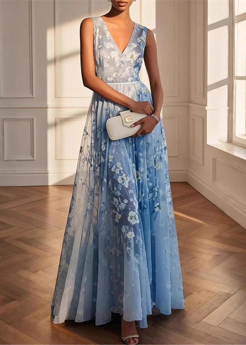 Sky Blue Print Chiffon Party Dresses Exra Large Hem Summer