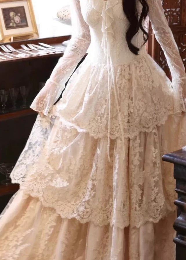 Slim Fit Beige V Neck Ruffled Patchwork Lace Maxi Dress Flare Sleeve