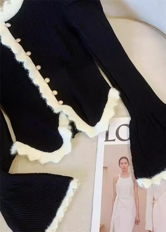 Slim Fit Black Button Patchwork Knit Sweater Flare Sleeve