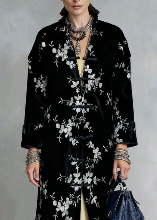 Slim Fit Black Chinese Button Print Silk Velvet Coat Spring