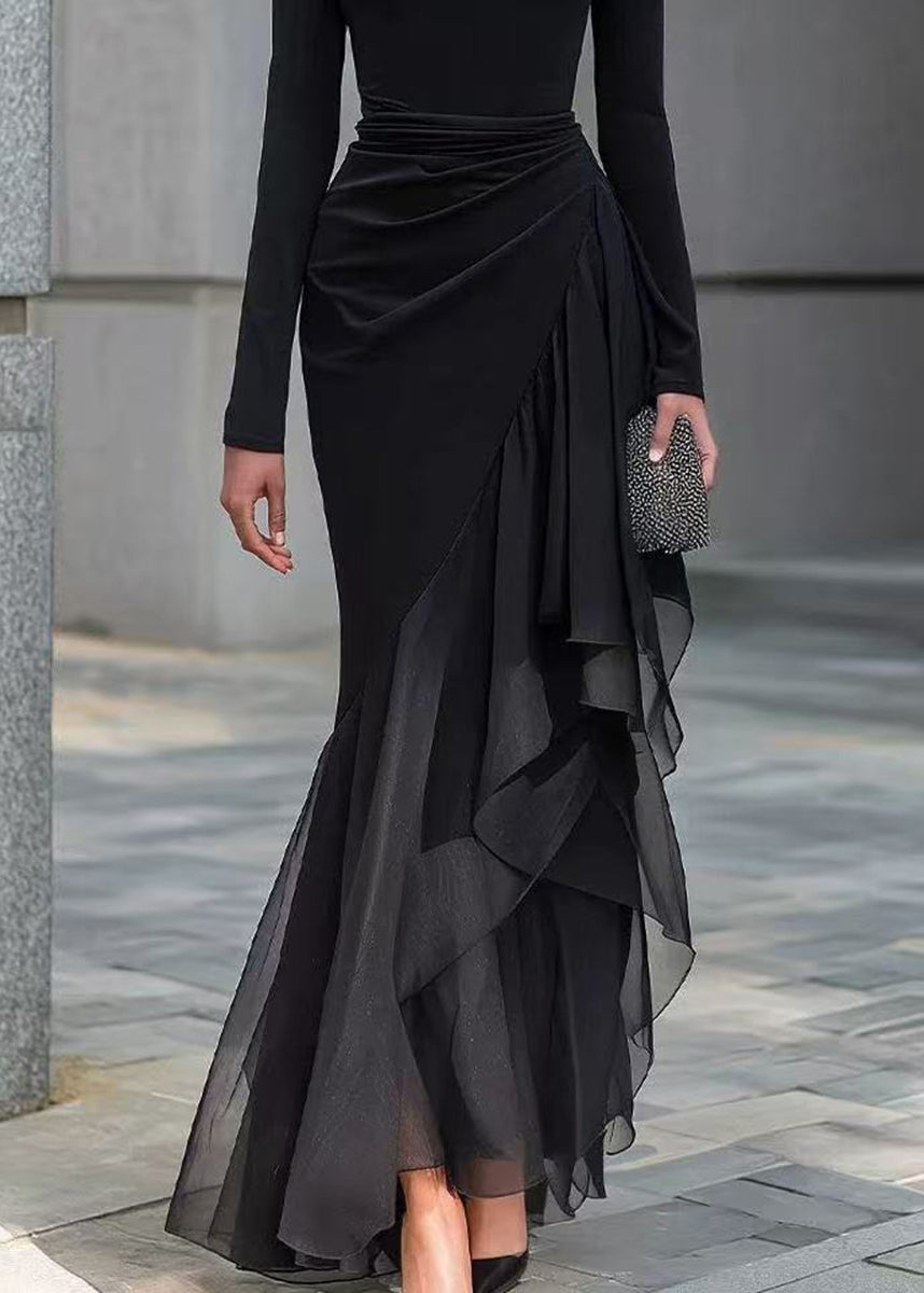 Slim Fit Black Cowl Neck Asymmetrical Patchwork Tulle Maxi Dresses Fall