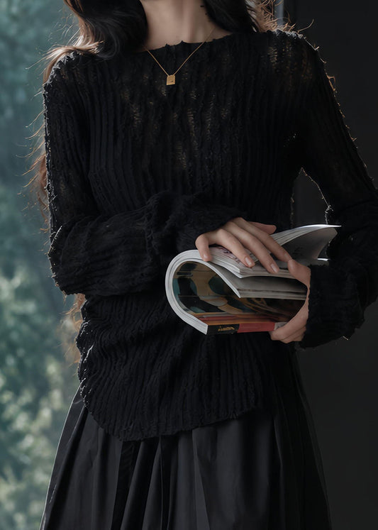 Slim Fit Black Hollow Out Cotton Knit Sweaters Long Sleeve