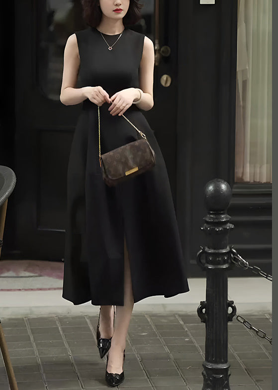 Slim Fit Black Pockets Front Open High Waist Cotton Long Dress Sleeveless