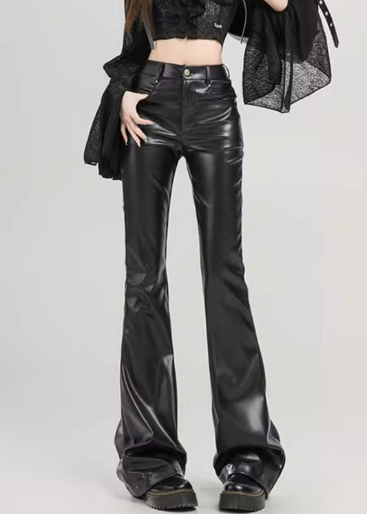 Slim Fit Black Pockets High Waist Faux Leather Flared Trousers Spring