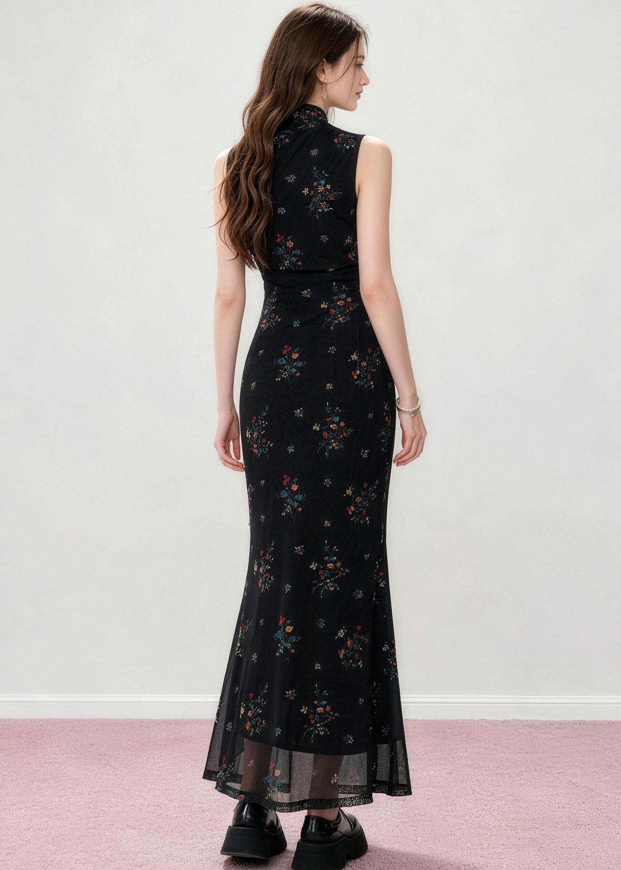 Slim Fit Black Print Hollow Out Tulle Long Dresses Summer