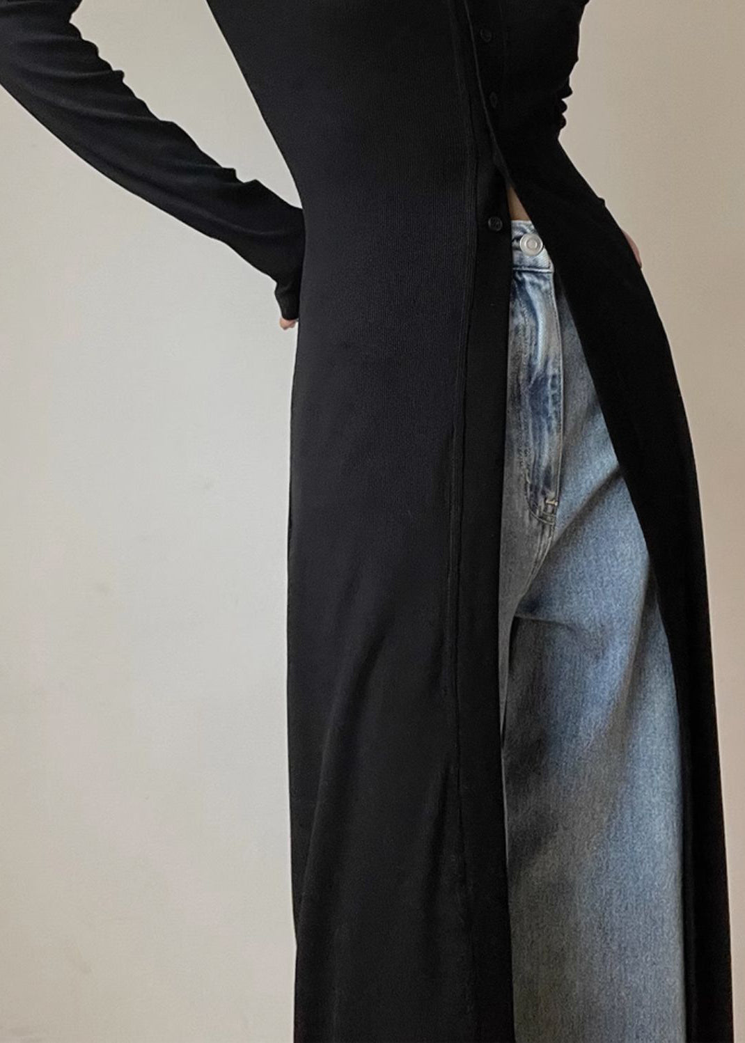 Slim Fit Black V Neck Button Knit Long Cardigans Spring
