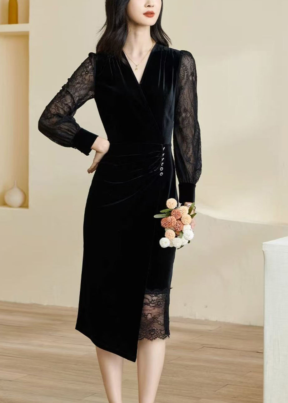 Slim Fit Black V Neck Lace Patchwork Maxi Dress Fall