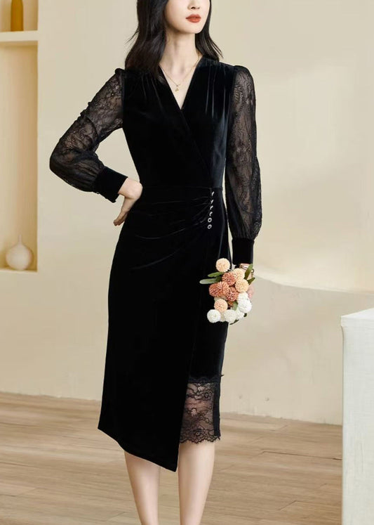 Slim Fit Black V Neck Lace Patchwork Maxi Dress Fall