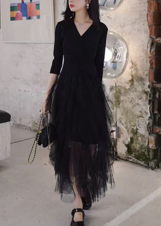 Slim Fit Black V Neck Tulle Patchwork Long Dresses Bracelet Sleeve