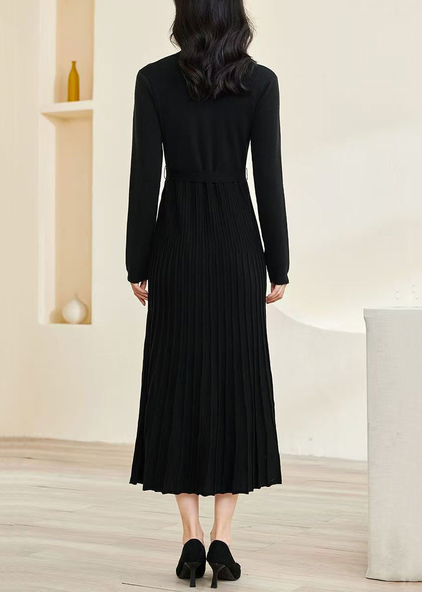 Slim Fit Black V Neck Wrinkled Tie Waist Knit Long Dress Fall