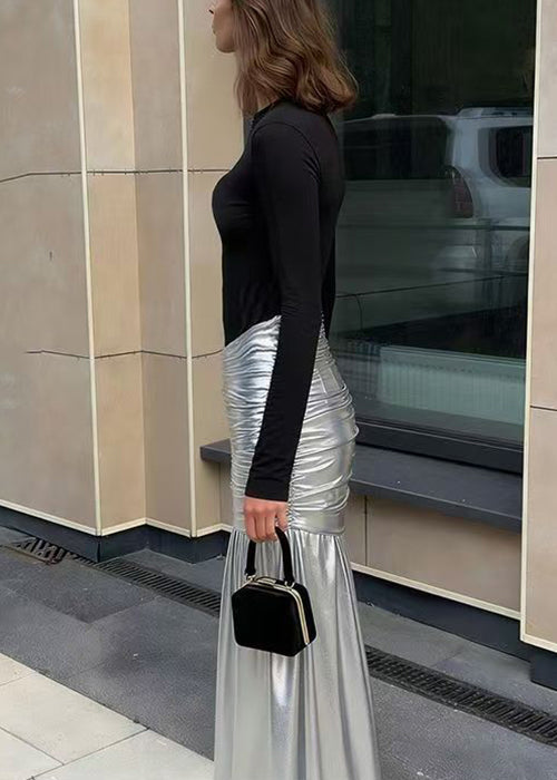 Slim Fit Black Wrinkled Patchwork Long Dresses Spring