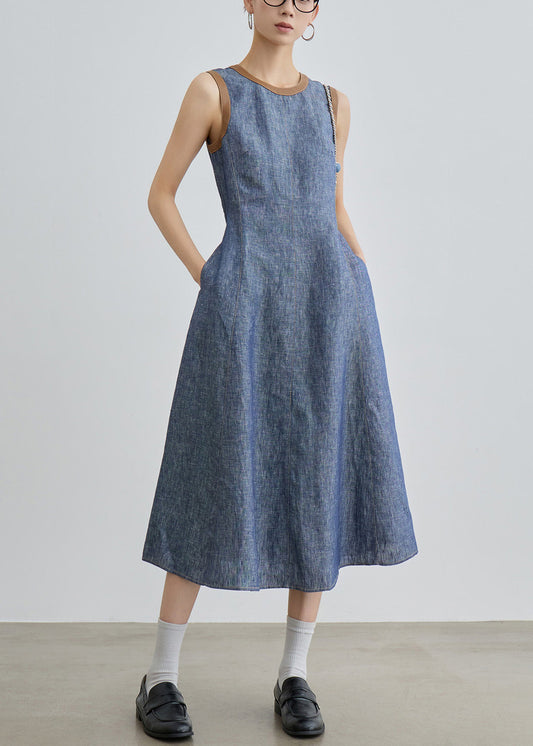 Slim Fit Blue O Neck Pockets Patchwork Denim Long Dress Sleeveless